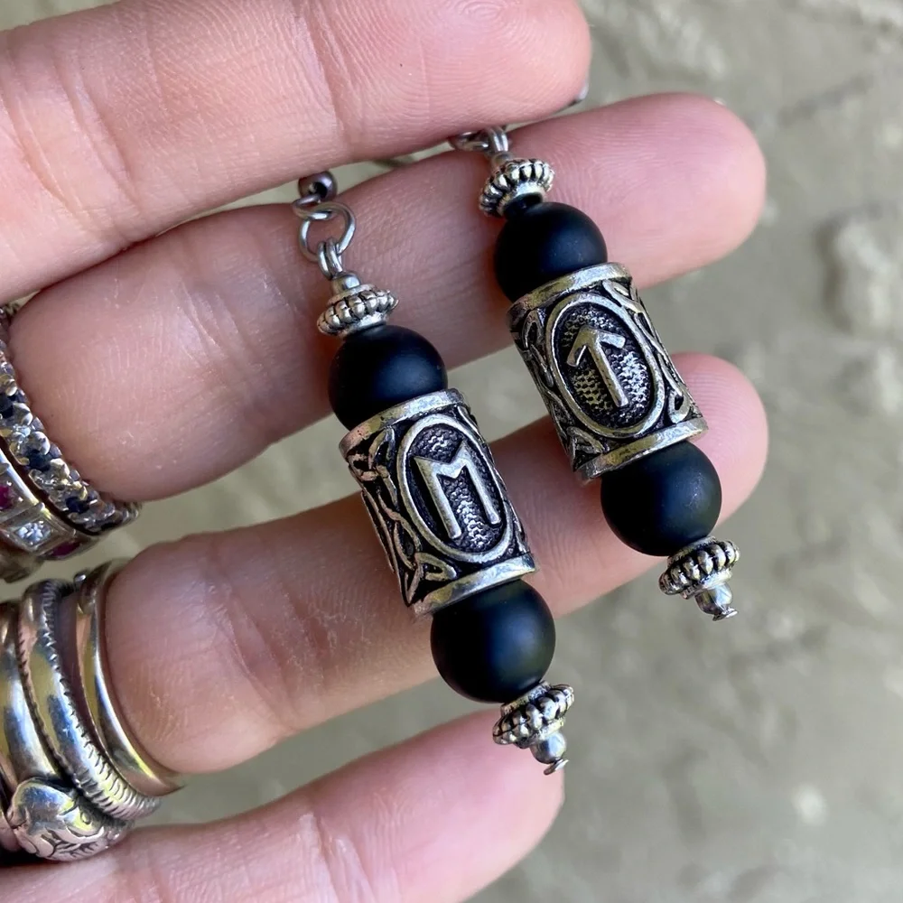 Matte Black onyx viking celtic runes dangly stainless steel post hooks earrings - Picture 2 of 9